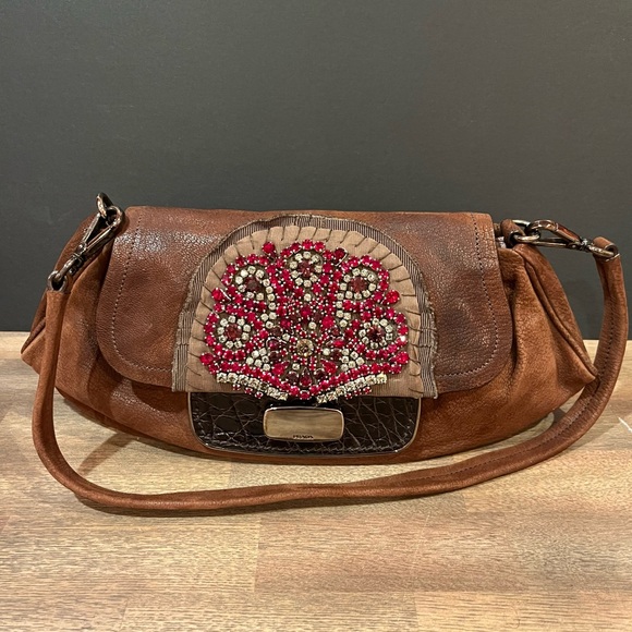 Prada Antique Leather Shoulder Bag with Rhinestone Detail - Picture 1 of 16
